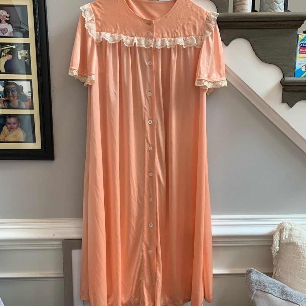 Vintage Peach Satin Button Down Nightgown M